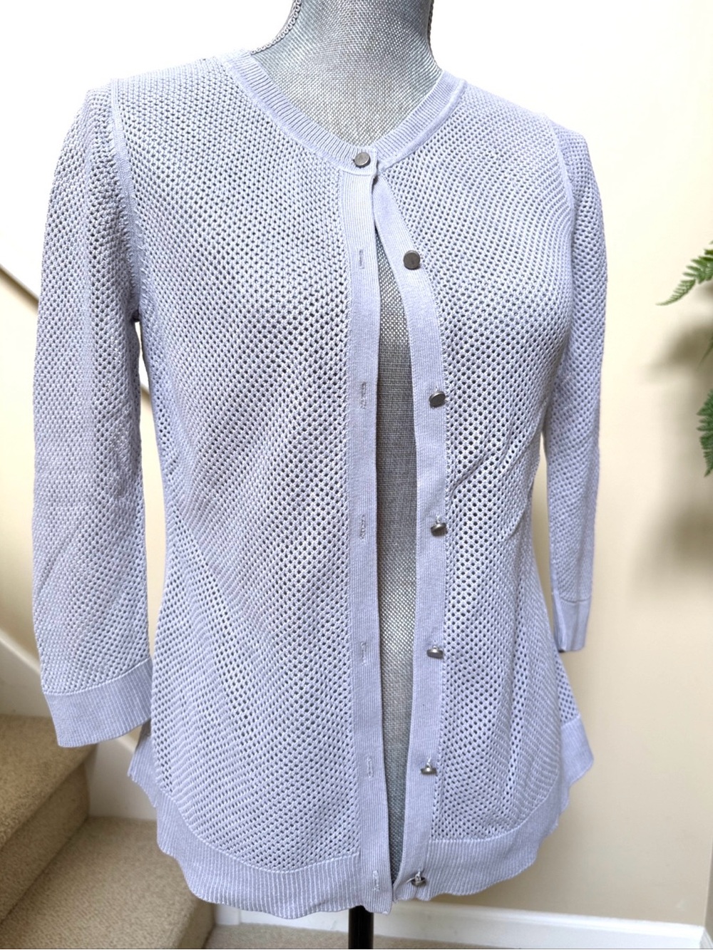 Coldwater Creek Light grey button front Open-Knit Cardigan Sweater.